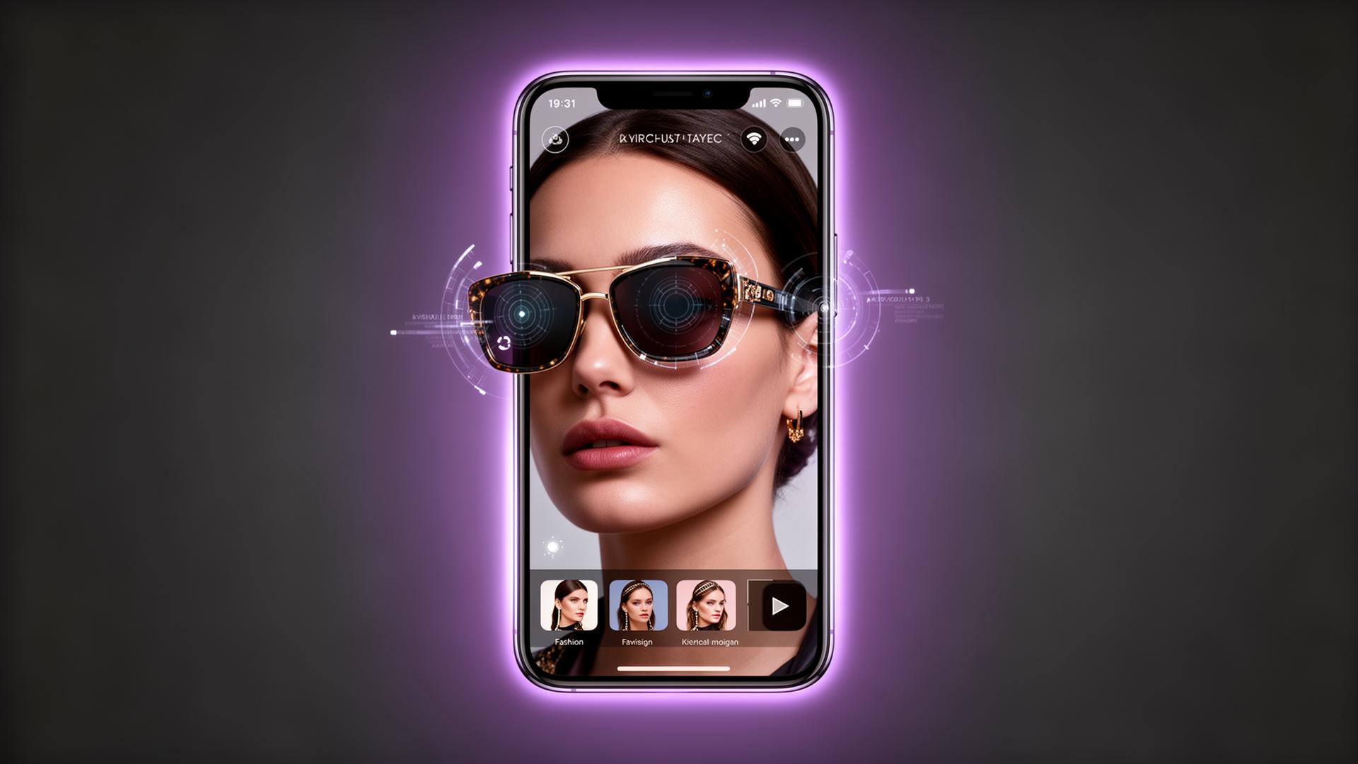 GenAIsthetic AI virtual try-on interface on a futuristic smartphone